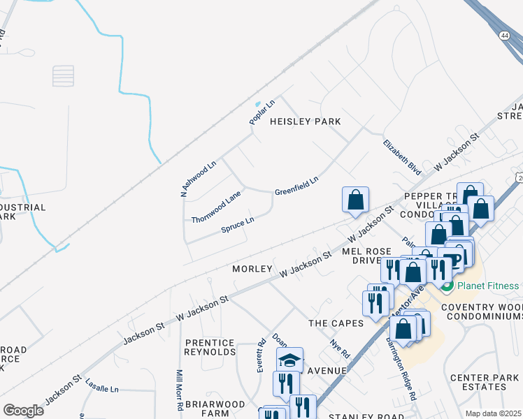map of restaurants, bars, coffee shops, grocery stores, and more near 1809 Spruce Lane in Painesville