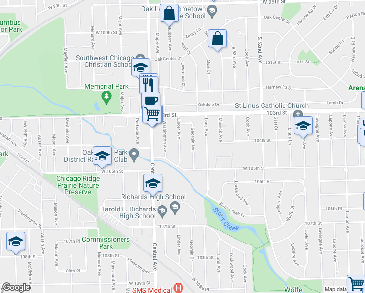 map of restaurants, bars, coffee shops, grocery stores, and more near 10409 Linder Avenue in Oak Lawn