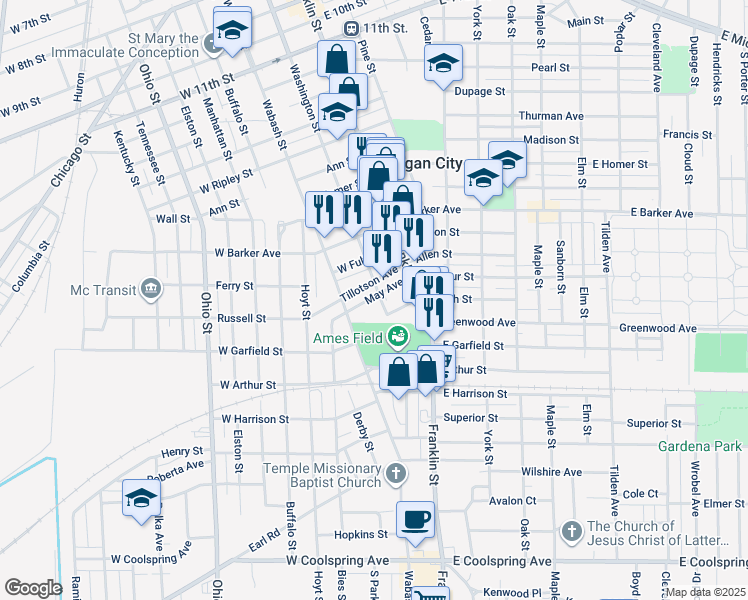 map of restaurants, bars, coffee shops, grocery stores, and more near 2201 Washington Street in Michigan City