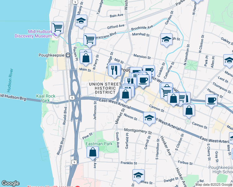 map of restaurants, bars, coffee shops, grocery stores, and more near 17 Grand Street in Poughkeepsie