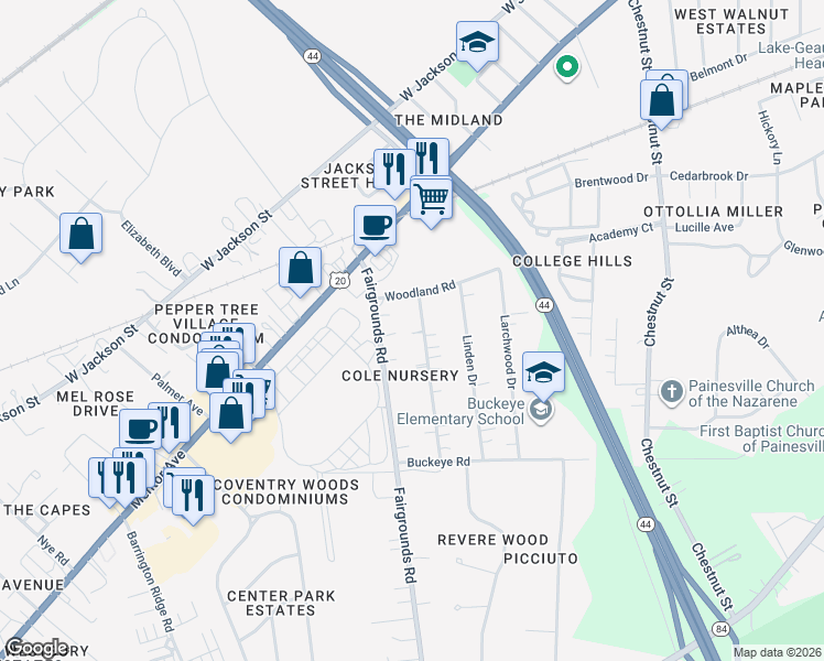 map of restaurants, bars, coffee shops, grocery stores, and more near 73 Fairgrounds Road in Painesville