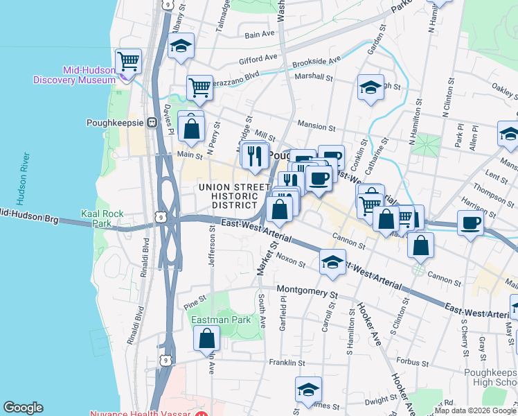 map of restaurants, bars, coffee shops, grocery stores, and more near 17 Grand Street in Poughkeepsie