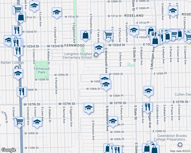 map of restaurants, bars, coffee shops, grocery stores, and more near 247 W 105th St in Chicago