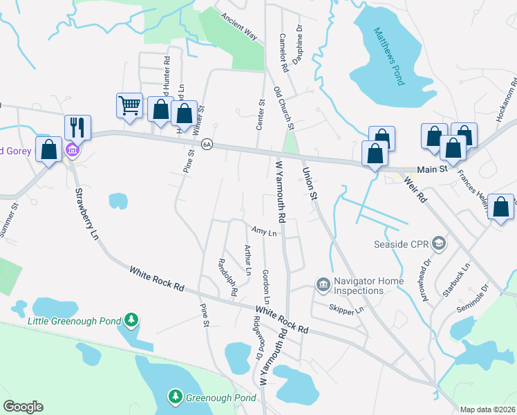 map of restaurants, bars, coffee shops, grocery stores, and more near 26 Fortune Road in Yarmouth