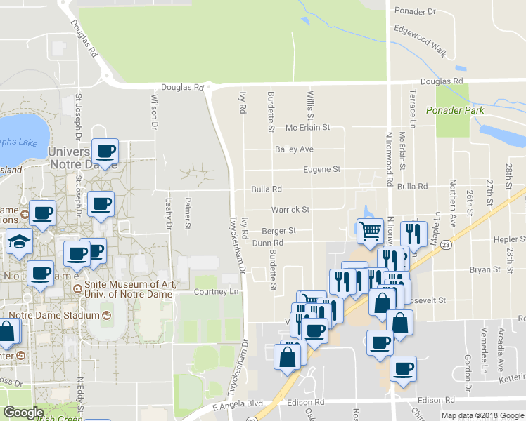 map of restaurants, bars, coffee shops, grocery stores, and more near 18410 Warrick Street in South Bend