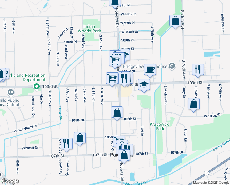 map of restaurants, bars, coffee shops, grocery stores, and more near 10330 South Roberts Road in Palos Hills