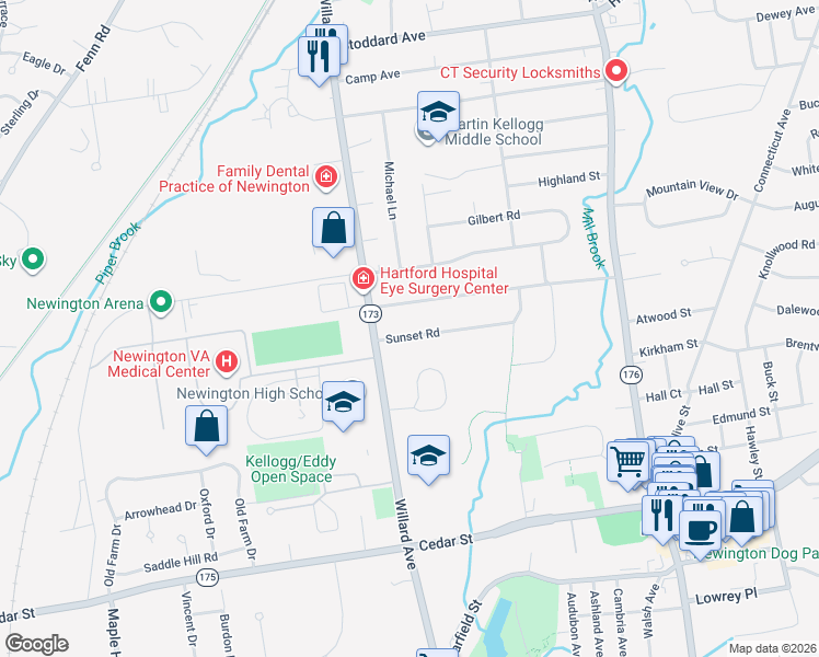 map of restaurants, bars, coffee shops, grocery stores, and more near 30 Sunset Road in Newington