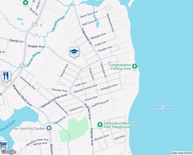 map of restaurants, bars, coffee shops, grocery stores, and more near 181 Park Avenue in Warwick