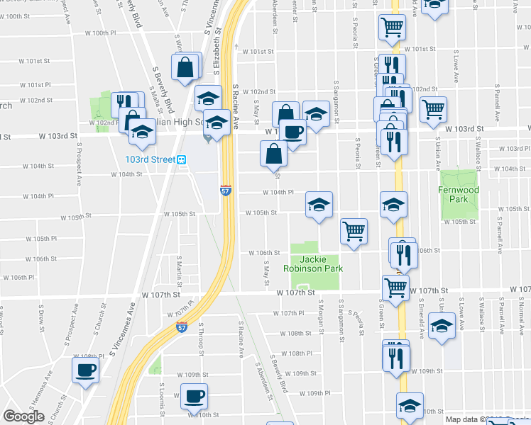 map of restaurants, bars, coffee shops, grocery stores, and more near S May St & W 105th St in Chicago