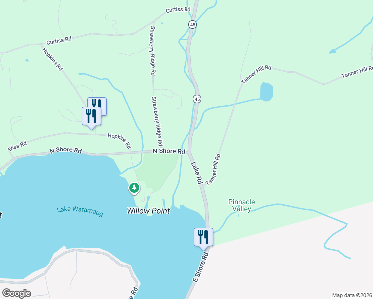 map of restaurants, bars, coffee shops, grocery stores, and more near 1 North Shore Road in Warren