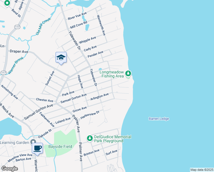 map of restaurants, bars, coffee shops, grocery stores, and more near 115 Samuel Gorton Avenue in Warwick
