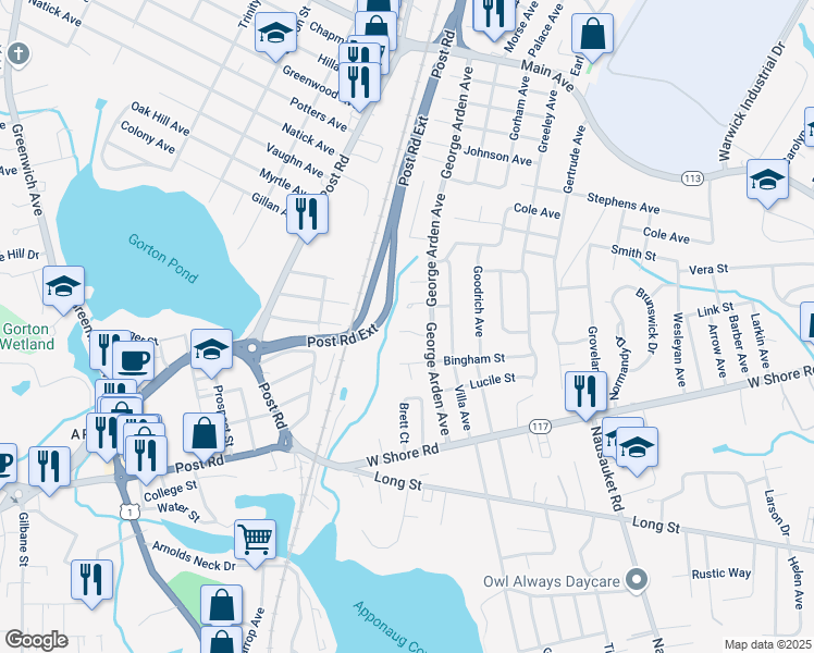 map of restaurants, bars, coffee shops, grocery stores, and more near 29 Mary Beth Drive in Warwick