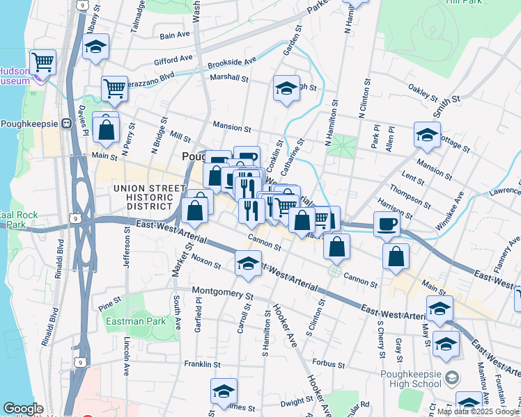 map of restaurants, bars, coffee shops, grocery stores, and more near 331 Main Mall in Poughkeepsie