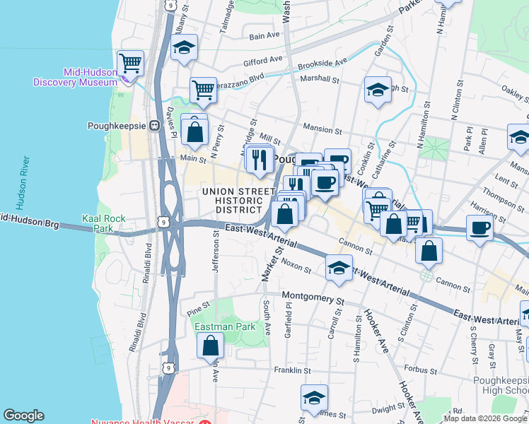 map of restaurants, bars, coffee shops, grocery stores, and more near 17 Grand Street in Poughkeepsie