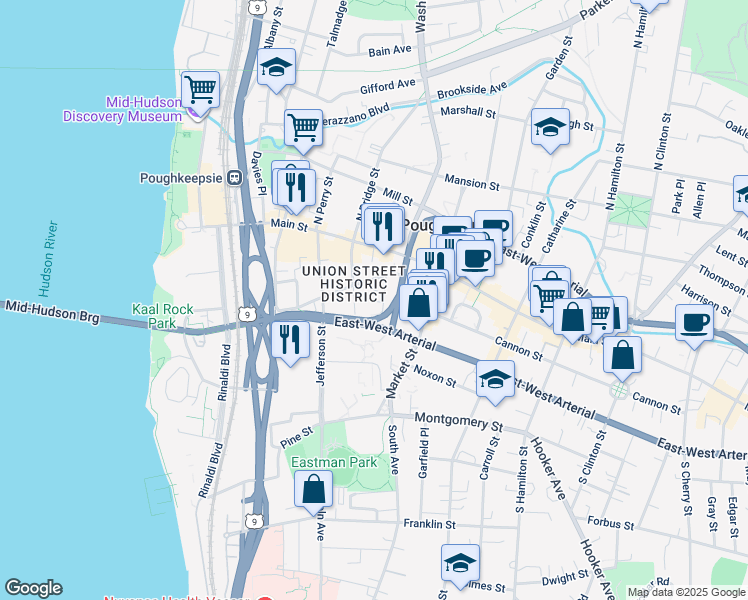 map of restaurants, bars, coffee shops, grocery stores, and more near 49 South Bridge Street in Poughkeepsie