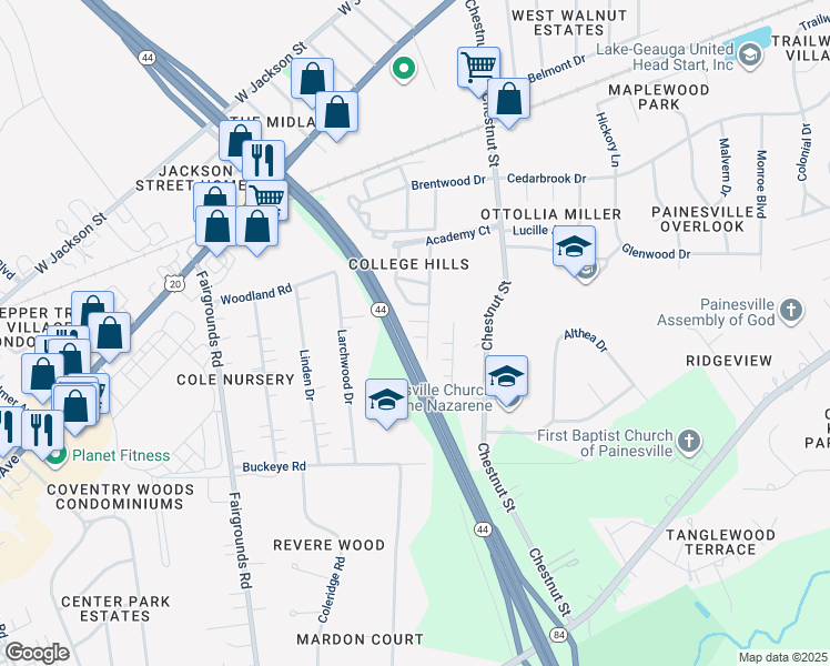 map of restaurants, bars, coffee shops, grocery stores, and more near 363 University Avenue in Painesville