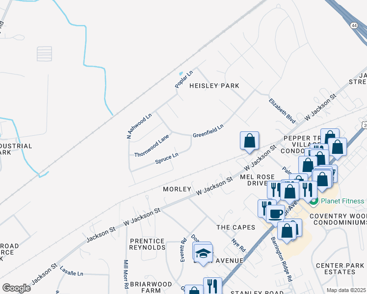 map of restaurants, bars, coffee shops, grocery stores, and more near 1809 Spruce Lane in Painesville