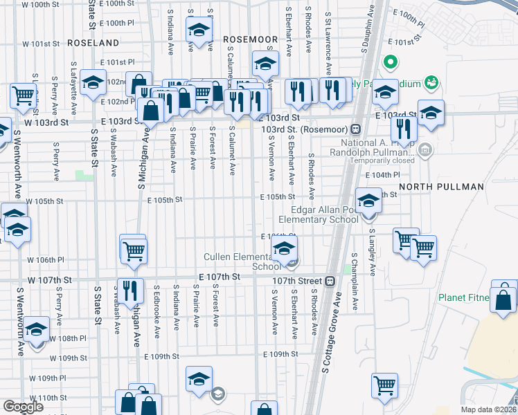 map of restaurants, bars, coffee shops, grocery stores, and more near 10519 South King Drive in Chicago