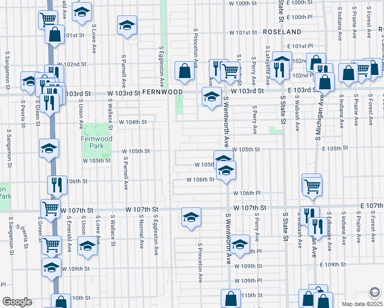 map of restaurants, bars, coffee shops, grocery stores, and more near 321 West 105th Street in Chicago