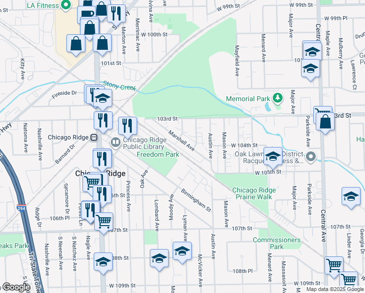 map of restaurants, bars, coffee shops, grocery stores, and more near 6047 Marshall Avenue in Chicago Ridge
