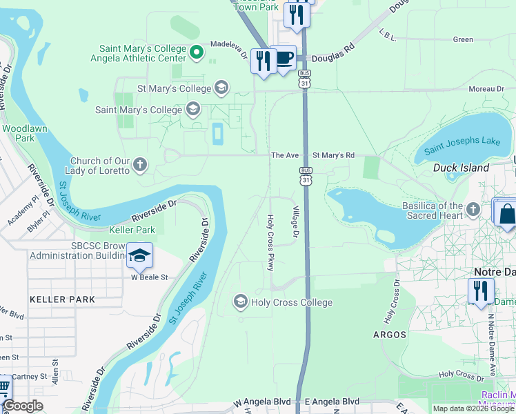 map of restaurants, bars, coffee shops, grocery stores, and more near River Ridge in St. Joseph County
