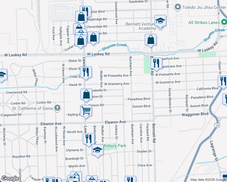 map of restaurants, bars, coffee shops, grocery stores, and more near 750 Brinton Drive in Toledo