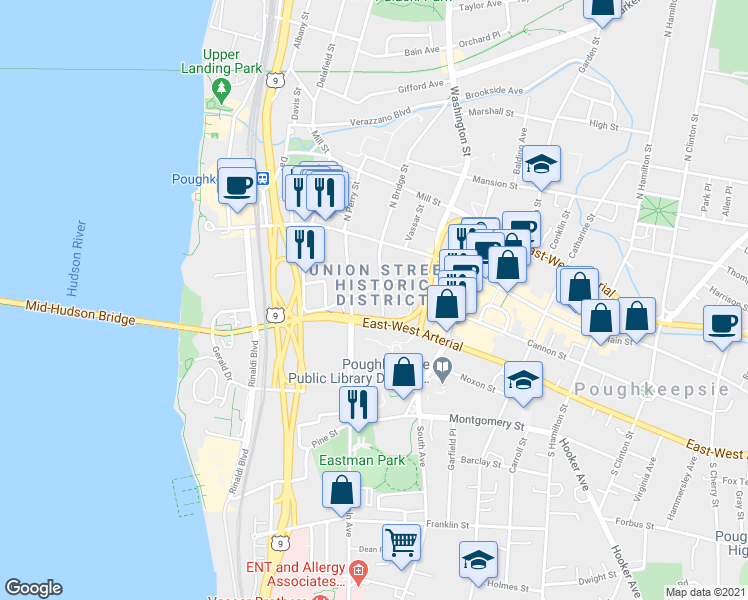 map of restaurants, bars, coffee shops, grocery stores, and more near 40 South Bridge Street in Poughkeepsie