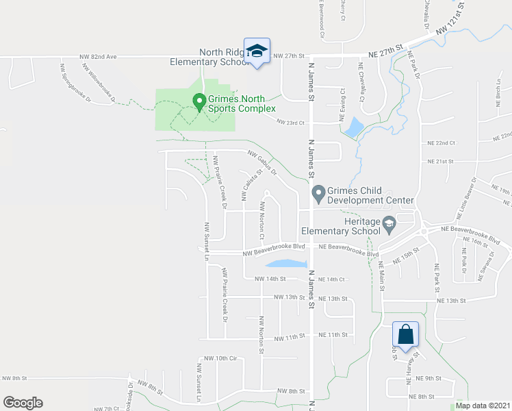map of restaurants, bars, coffee shops, grocery stores, and more near 1800 NW Norton Ct in Grimes