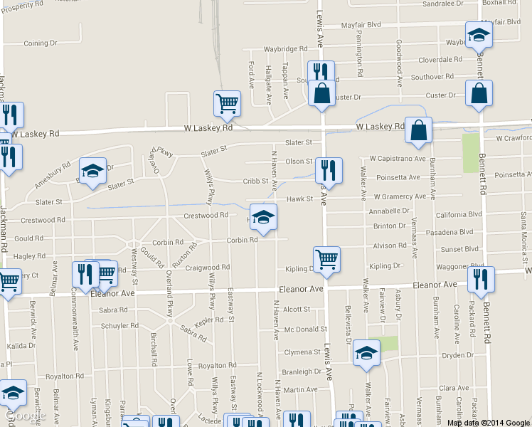 map of restaurants, bars, coffee shops, grocery stores, and more near 1158 Higley Street in Toledo