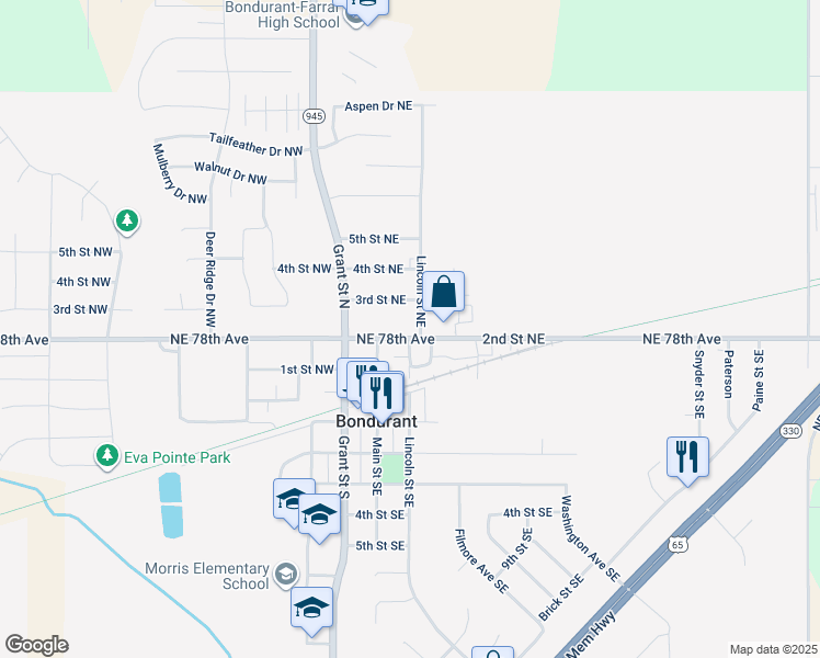 map of restaurants, bars, coffee shops, grocery stores, and more near 210 2nd Street NE, Ste B in Bondurant