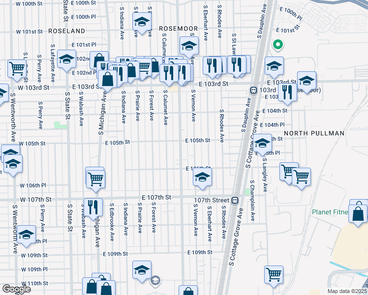 map of restaurants, bars, coffee shops, grocery stores, and more near 10519 South King Drive in Chicago