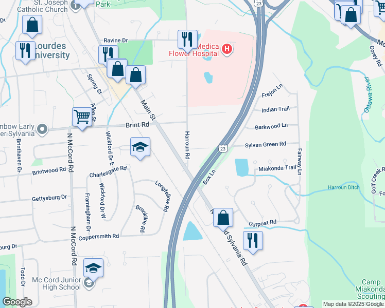 map of restaurants, bars, coffee shops, grocery stores, and more near 6247 Sylvan Green Rd in Sylvania