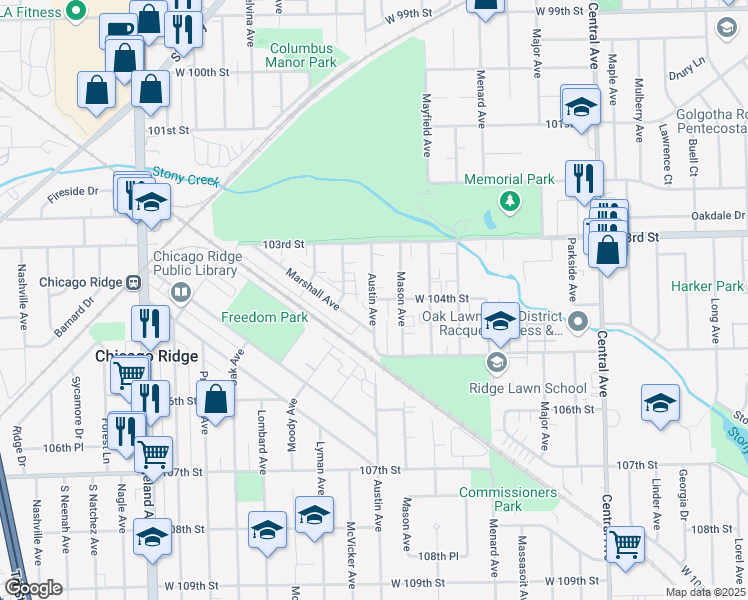 map of restaurants, bars, coffee shops, grocery stores, and more near 5930 West 104th Street in Oak Lawn