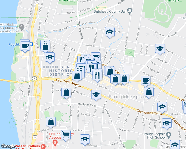map of restaurants, bars, coffee shops, grocery stores, and more near 304 Main Street in Poughkeepsie