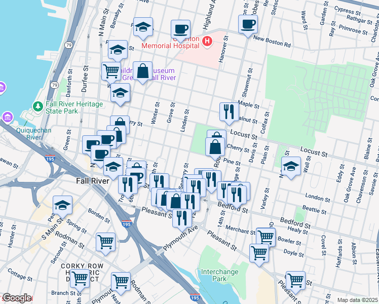 map of restaurants, bars, coffee shops, grocery stores, and more near Seabury Street in Fall River