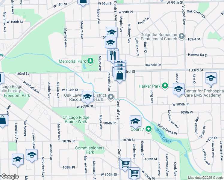map of restaurants, bars, coffee shops, grocery stores, and more near 10361 Parkside Avenue in Oak Lawn