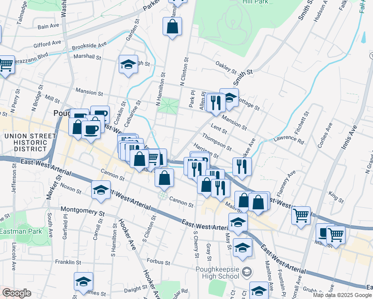 map of restaurants, bars, coffee shops, grocery stores, and more near 33 Smith Street in Poughkeepsie