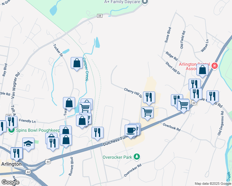 map of restaurants, bars, coffee shops, grocery stores, and more near 1701 Cherry Hill Drive in Arlington