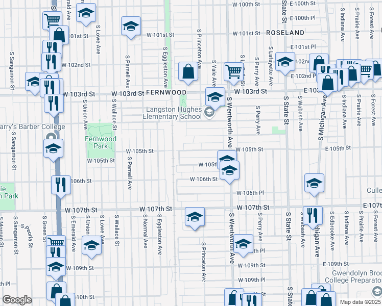 map of restaurants, bars, coffee shops, grocery stores, and more near 321 West 105th Street in Chicago