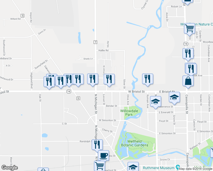 map of restaurants, bars, coffee shops, grocery stores, and more near 1576 Locust Street in Elkhart