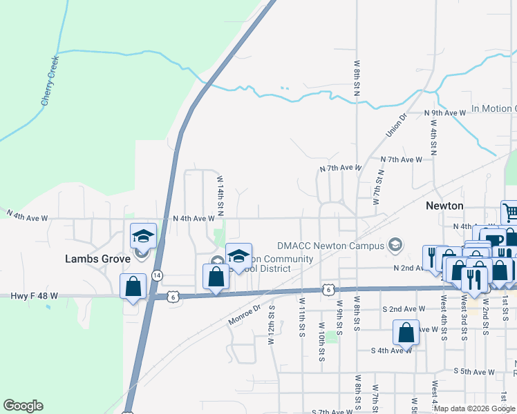 map of restaurants, bars, coffee shops, grocery stores, and more near 1224 North 4th Avenue West in Newton
