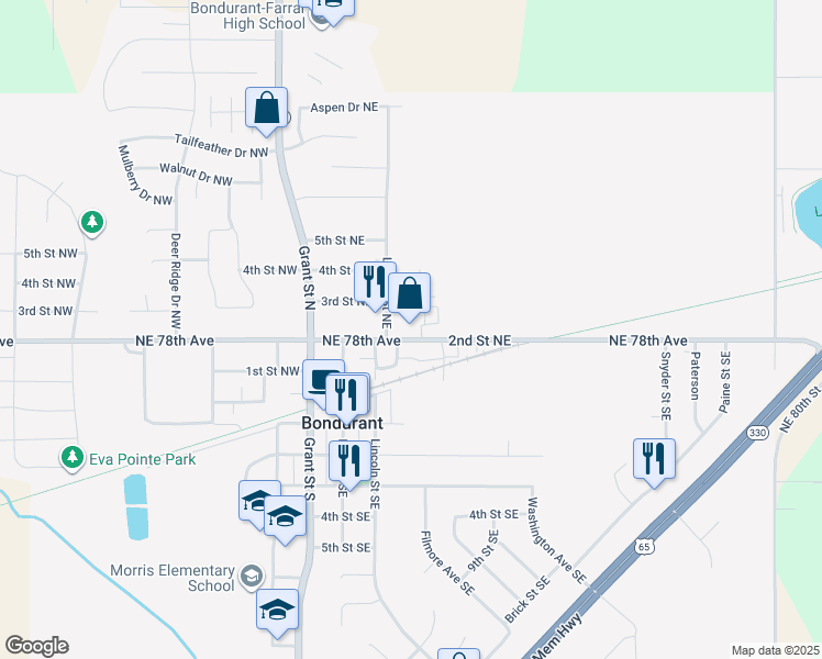 map of restaurants, bars, coffee shops, grocery stores, and more near 302 2nd Street Northeast in Bondurant