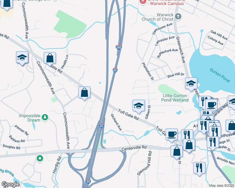 map of restaurants, bars, coffee shops, grocery stores, and more near 55 Tollgate Hill Farm Road in Warwick