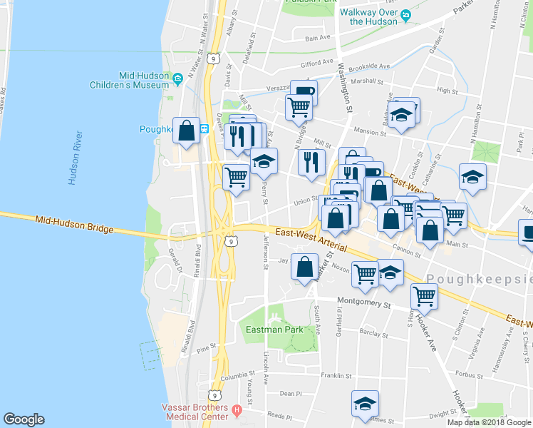 map of restaurants, bars, coffee shops, grocery stores, and more near 54 Jefferson Street in Poughkeepsie