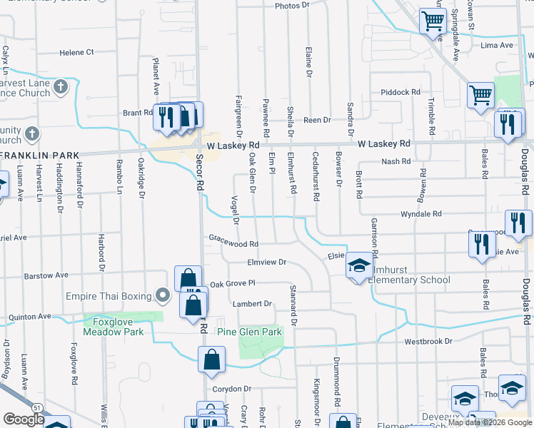 map of restaurants, bars, coffee shops, grocery stores, and more near 4730 Elm Place in Toledo