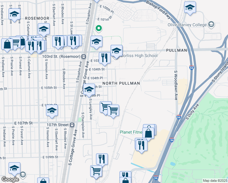 map of restaurants, bars, coffee shops, grocery stores, and more near 10514 South Maryland Avenue in Chicago