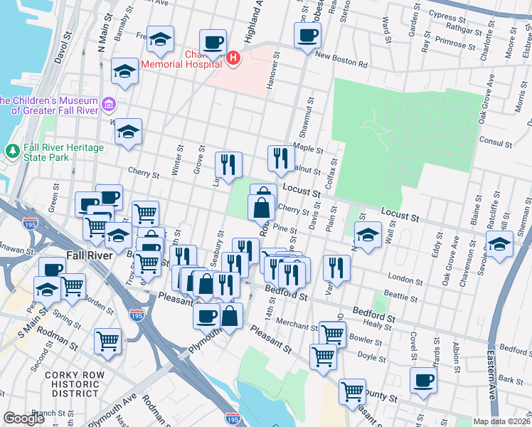 map of restaurants, bars, coffee shops, grocery stores, and more near 786 Pine Street in Fall River