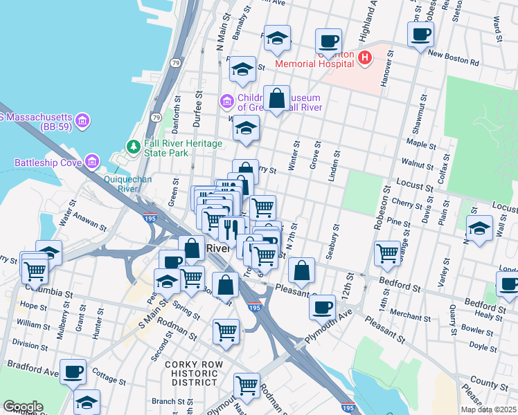 map of restaurants, bars, coffee shops, grocery stores, and more near 149 Franklin Street in Fall River