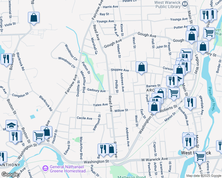 map of restaurants, bars, coffee shops, grocery stores, and more near 120 Read Avenue in Coventry