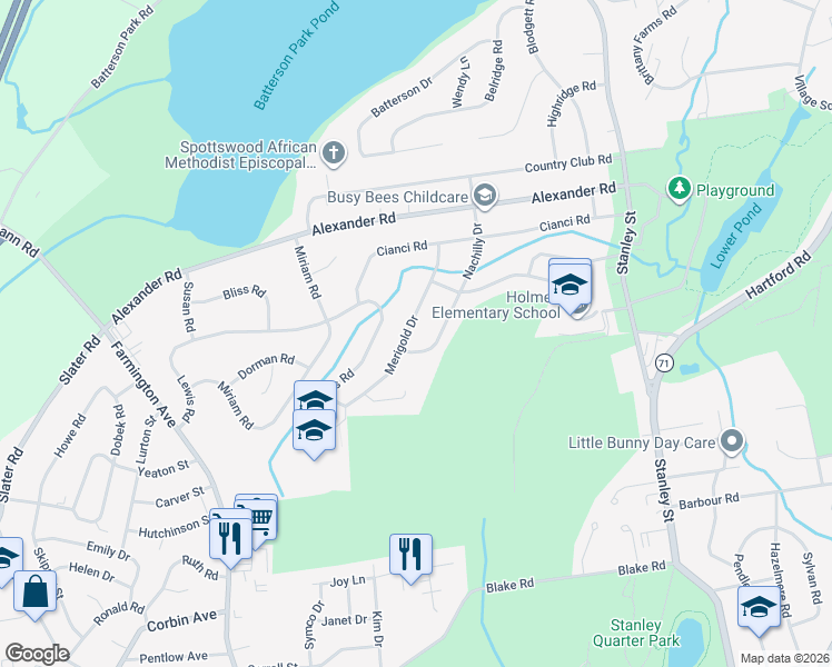 map of restaurants, bars, coffee shops, grocery stores, and more near 111 Merigold Drive in New Britain